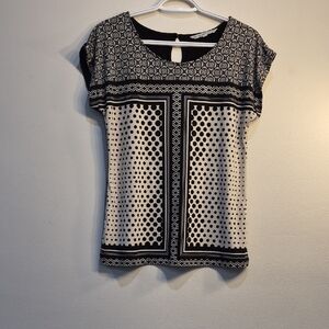 cleo Black and White Mixed-Print Short Sleeve Blouse